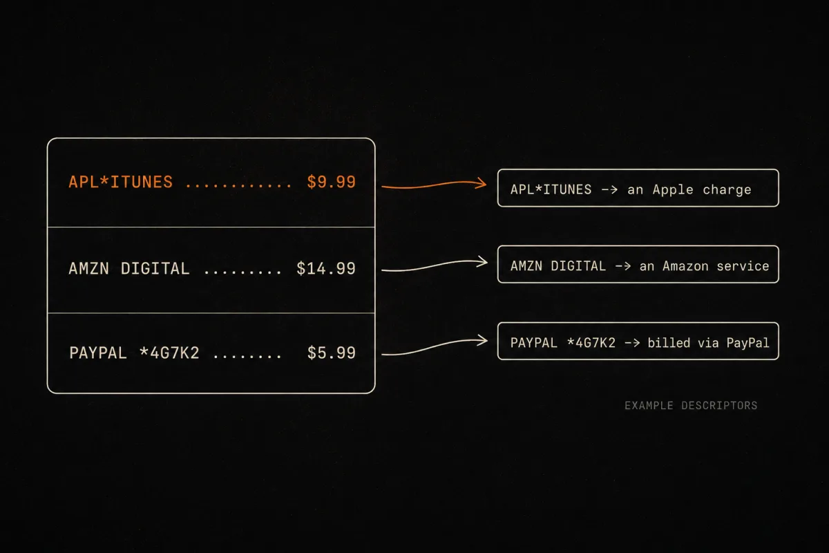 Mock bank statement with cryptic descriptors decoded into the real services