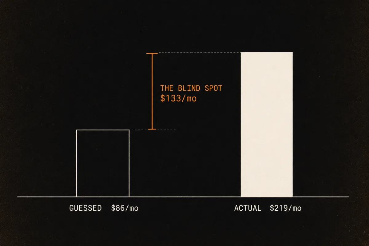 Bar chart of the 133 dollar monthly blind spot between guessed and actual spend