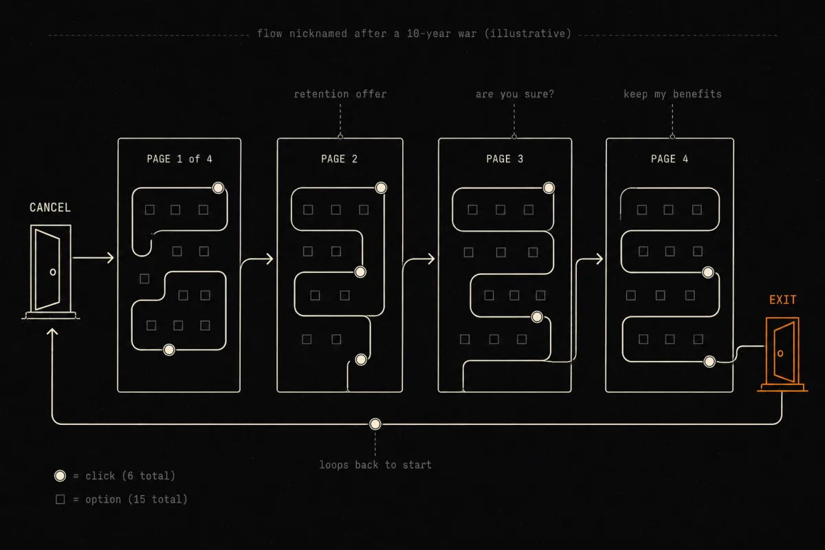 Maze diagram of a deliberately long multi-page cancellation flow with one tiny exit