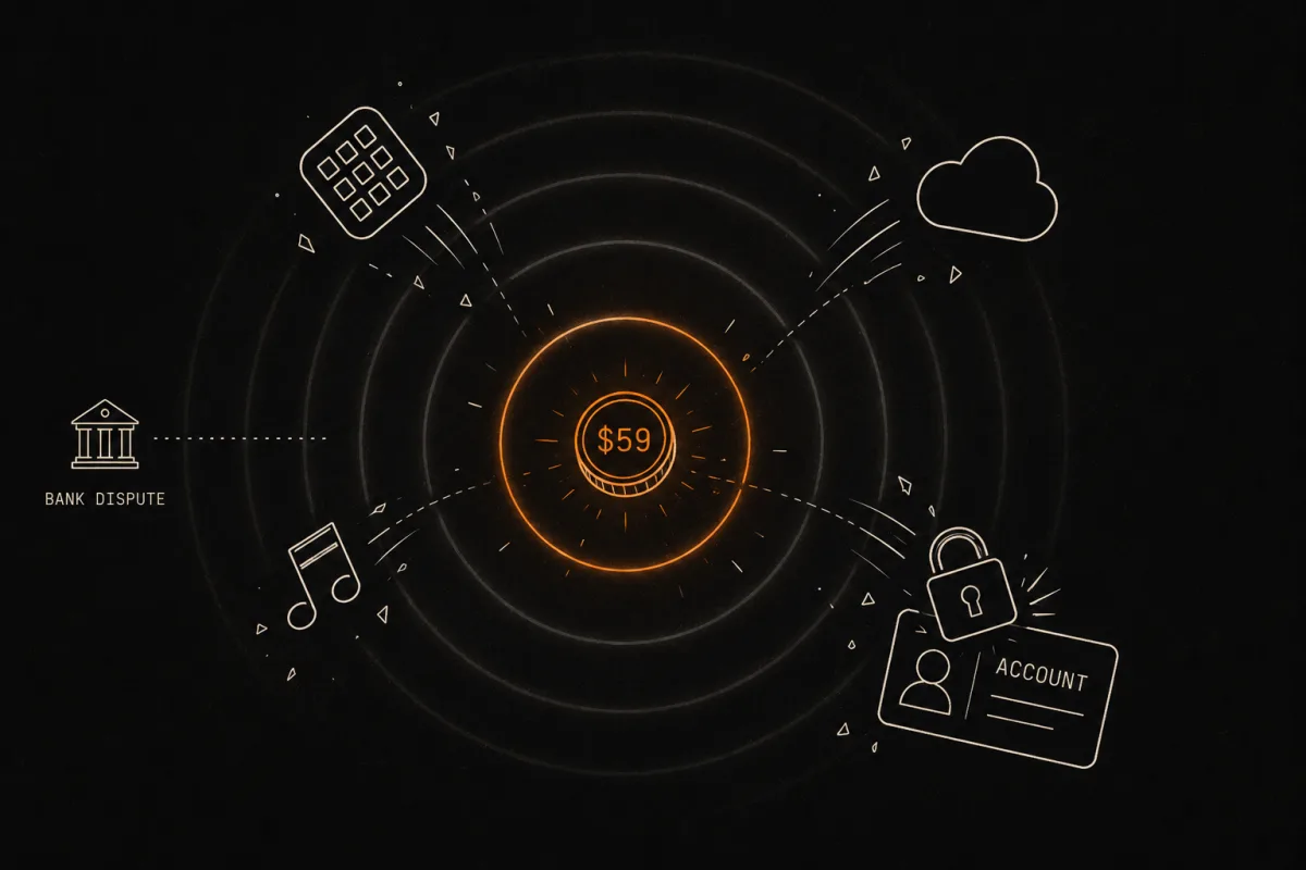 Blast-radius diagram of one disputed charge locking a whole account