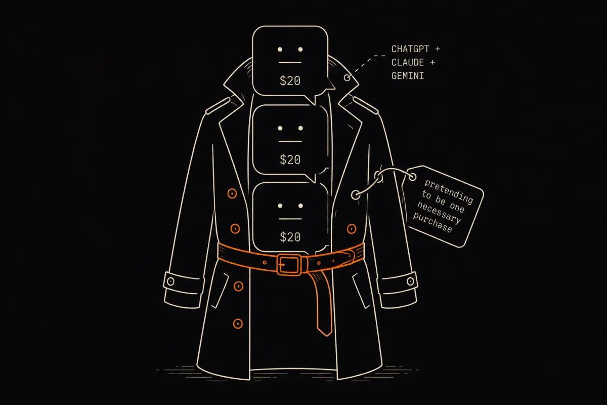 Three identical chat subscriptions stacked inside one trench coat