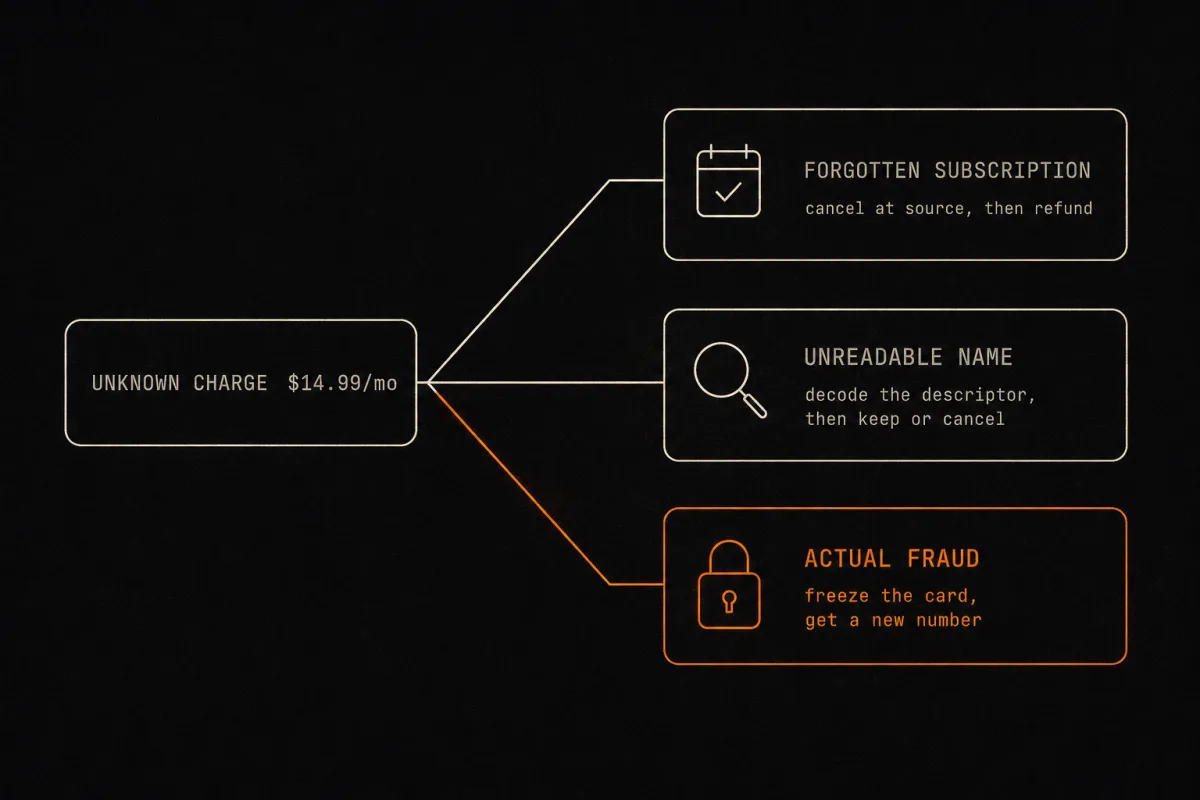 Triage diagram splitting an unknown charge into forgotten subscription, unreadable name, or fraud