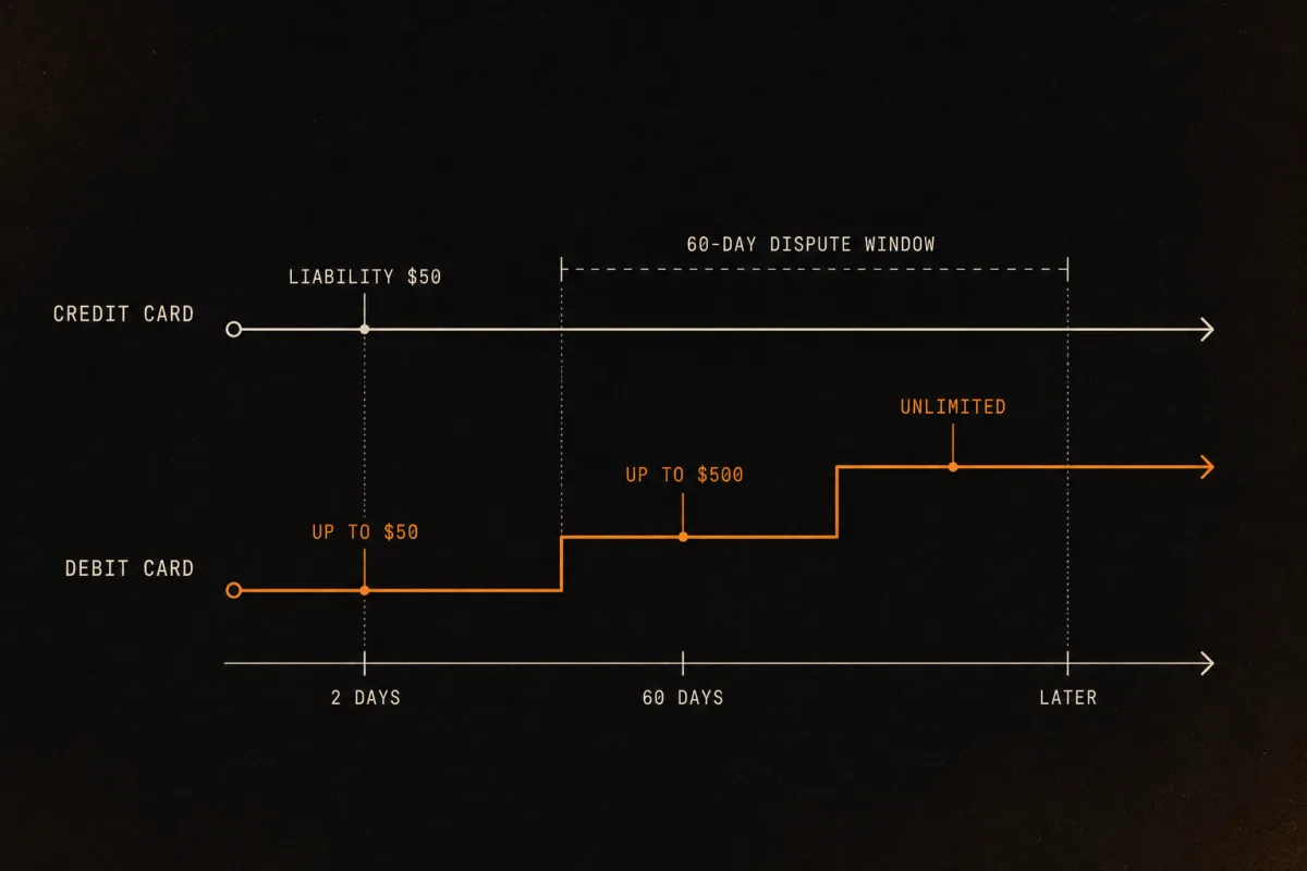 Timeline comparing flat credit-card liability to climbing debit-card liability