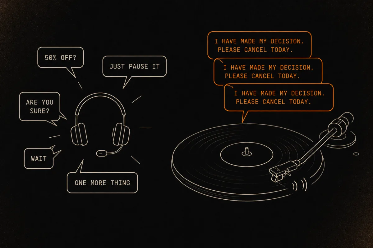 A calm looping record repeating one line against a chaos of retention offers