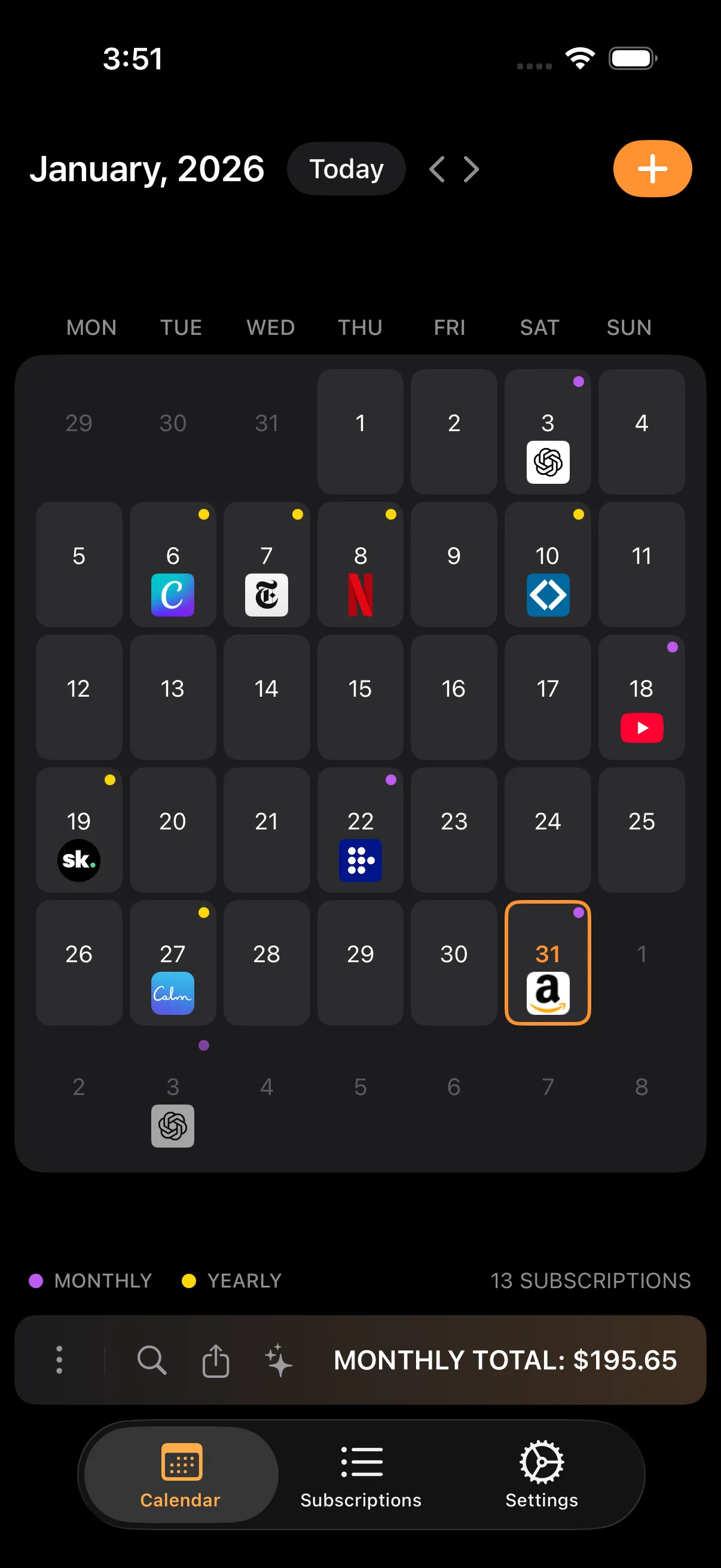Subcut calendar of upcoming bills